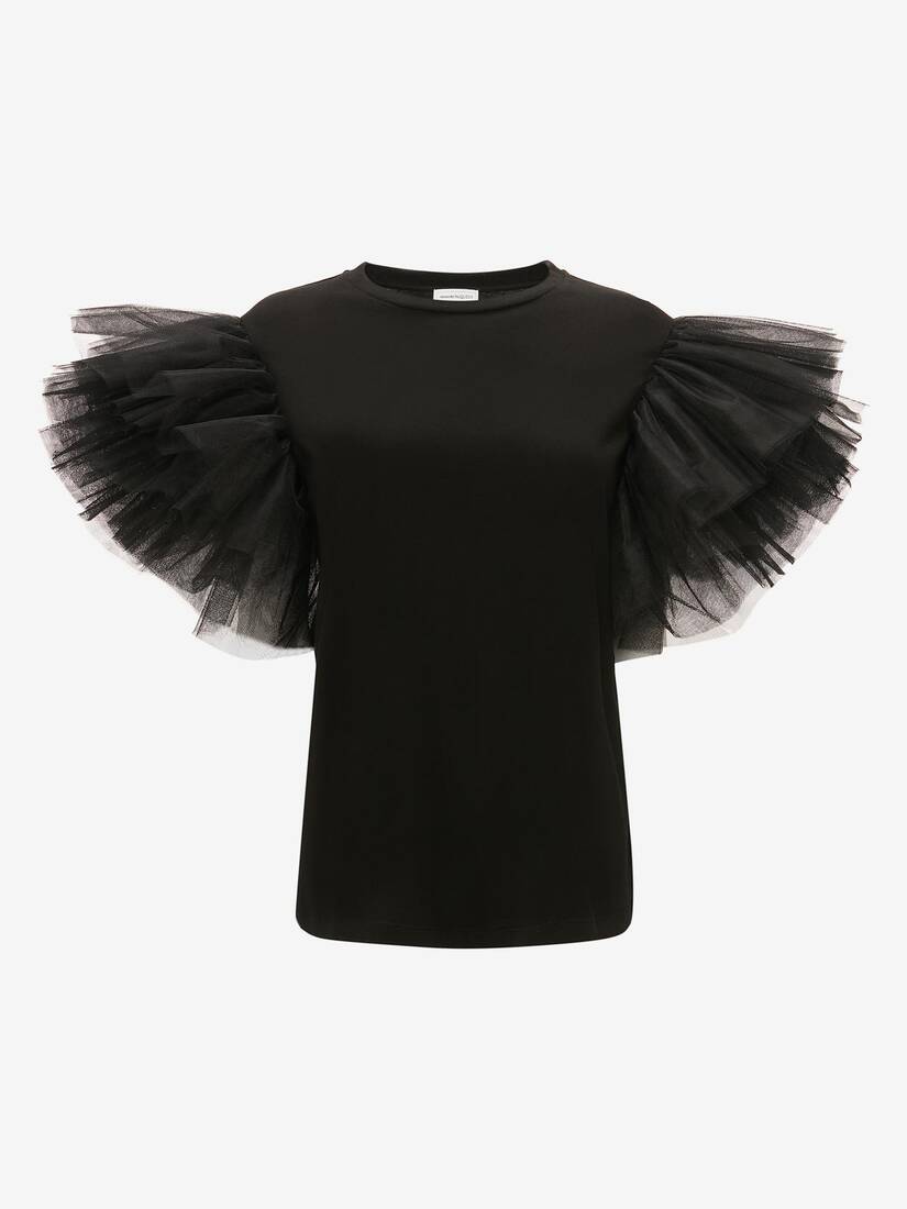 Camisetas Alexander McQueen Tulle Sleeve Mujer - Negros - Mexico 523-YKMBHO